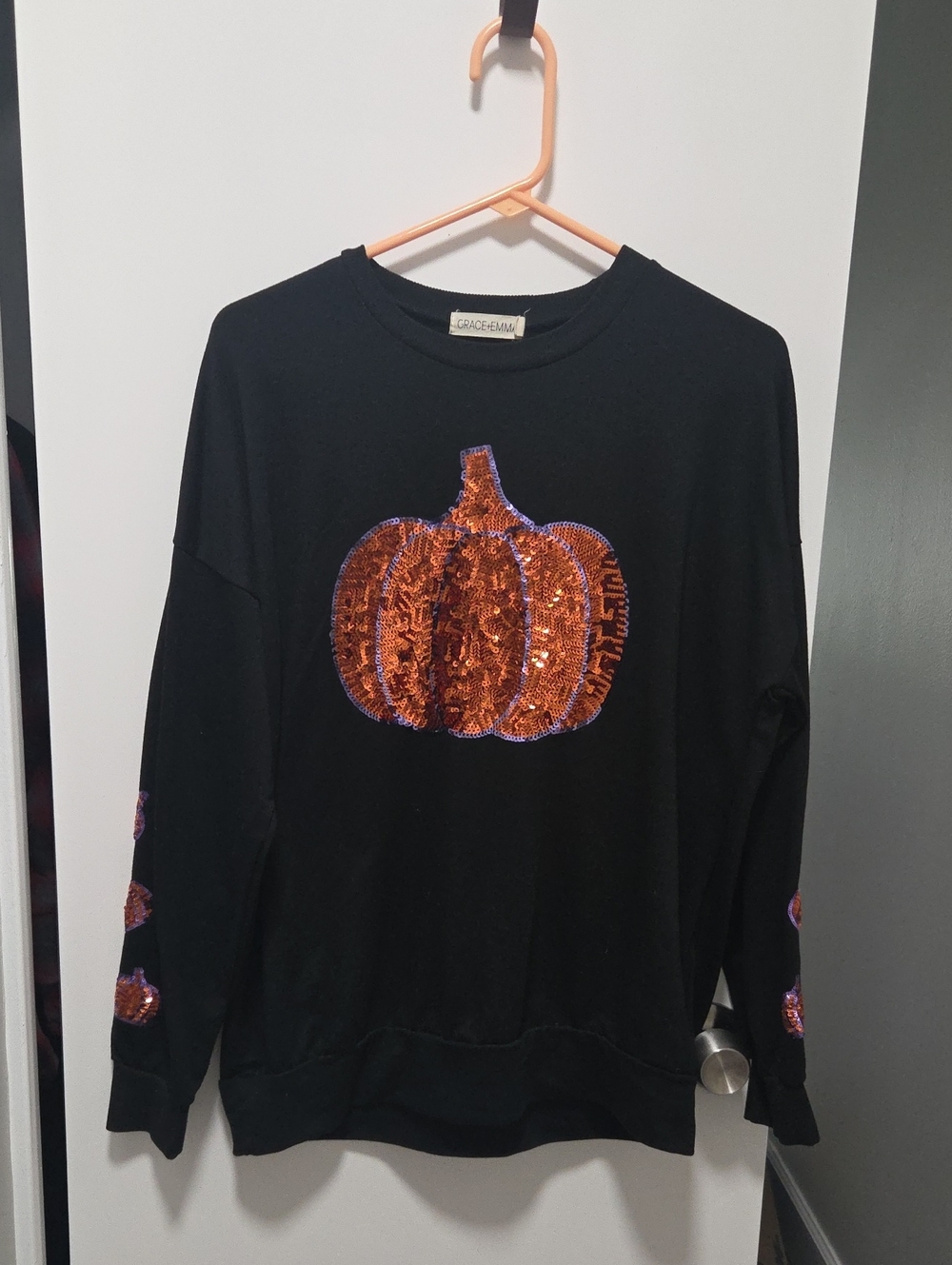 Black Sequin Pumpkin Crewneck Sweatshirt